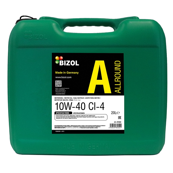 85322 BIZOL НС-синтетическое моторное масло Allround 10W-40 CI-4/SL A3/B4/E7 DH-1 (20л)