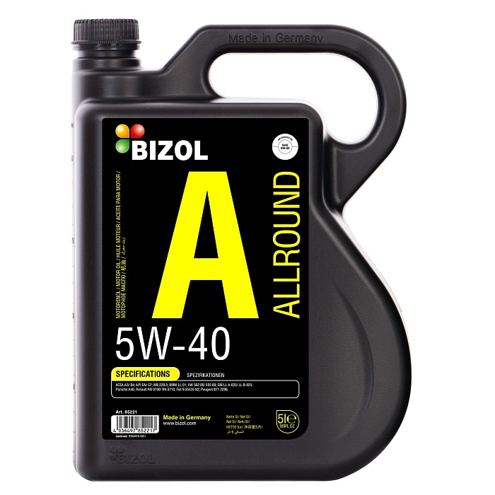 85221 BIZOL НС-синтетическое моторное масло Allround 5W-40 SN A3/B4 (5л)
