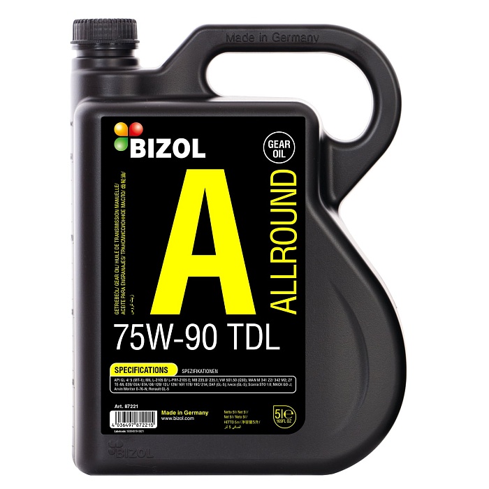 87221 BIZOL Синтетическое трансмиссионное масло Allround Gear Oil TDL 75W-90 GL-4/GL-5/MT-1 (5л)