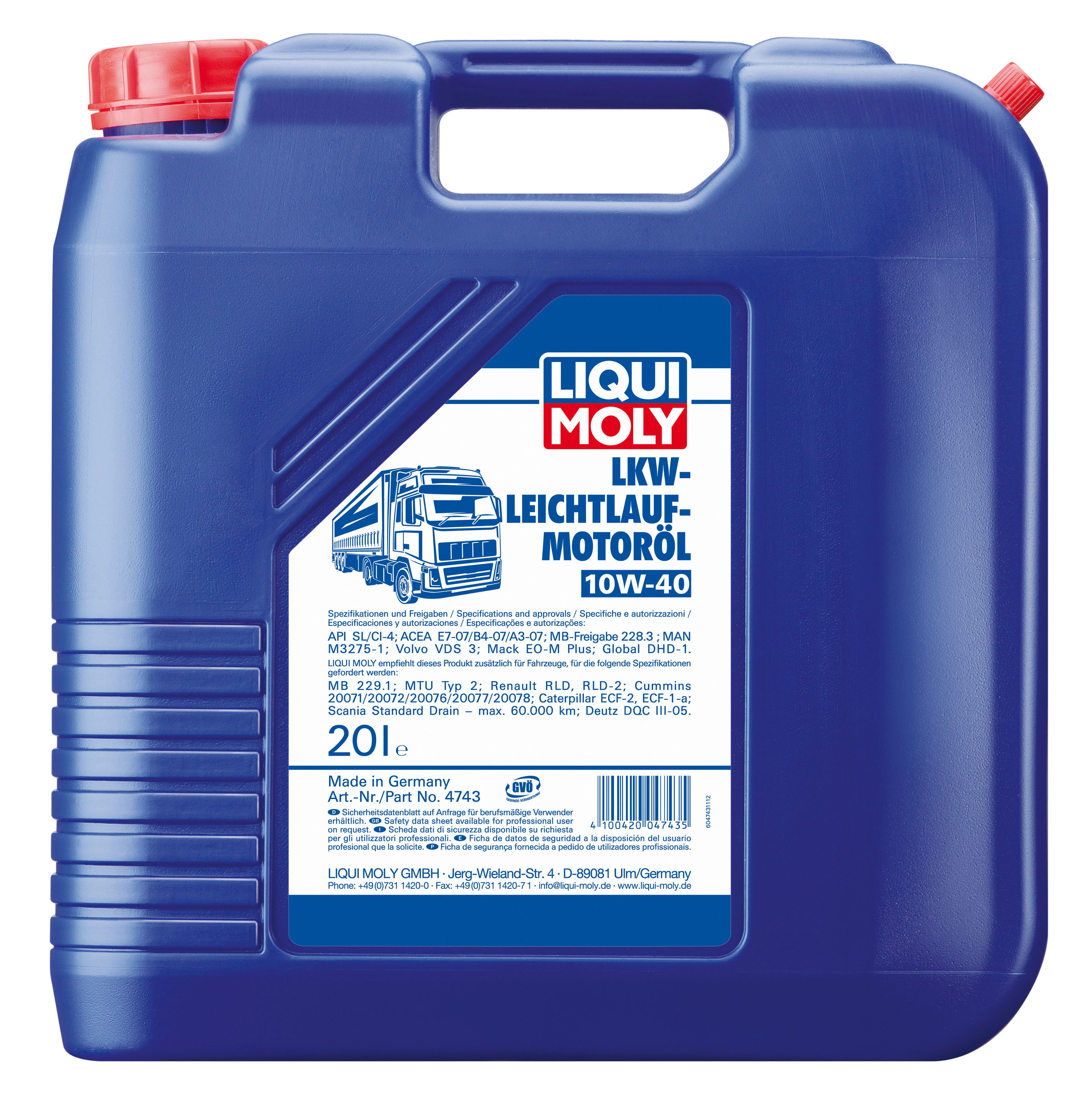  4743 LiquiMoly НС-синтетическое моторное масло LKW-Leichtlauf-Motoroil 10W-40 20л 
