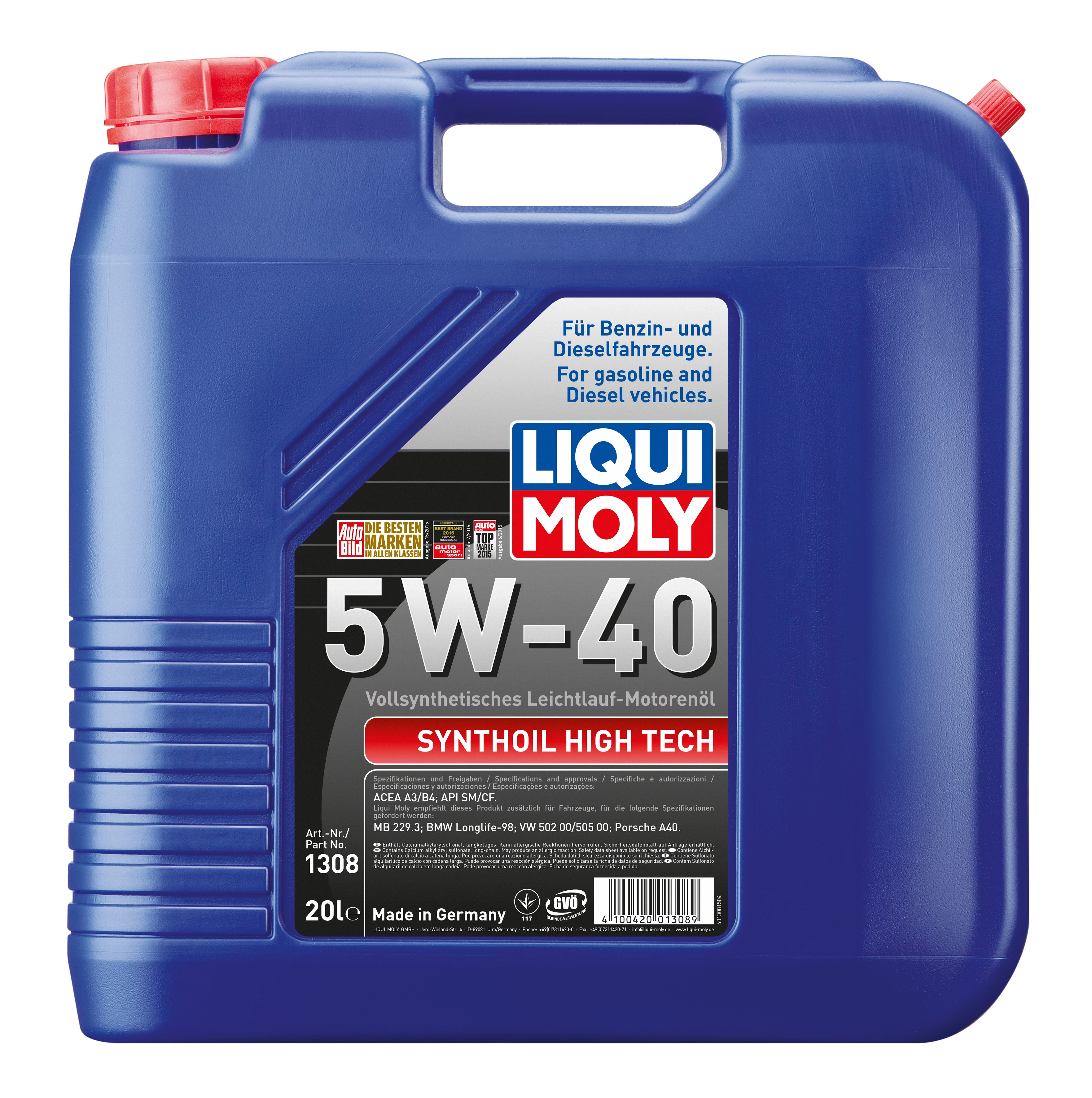  1308 LiquiMoly Синтетическое моторное масло Synthoil High Tech 5W-40 20л 