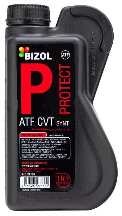 27130 BIZOL НС-синтетическое трансмиссионное масло для вариаторов CVT Protect ATF CVT Synt (1л)
